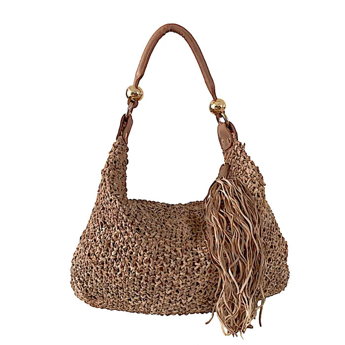 Bolsa Hobo Tricô Couro Metal Dourado Bege - Acessorio