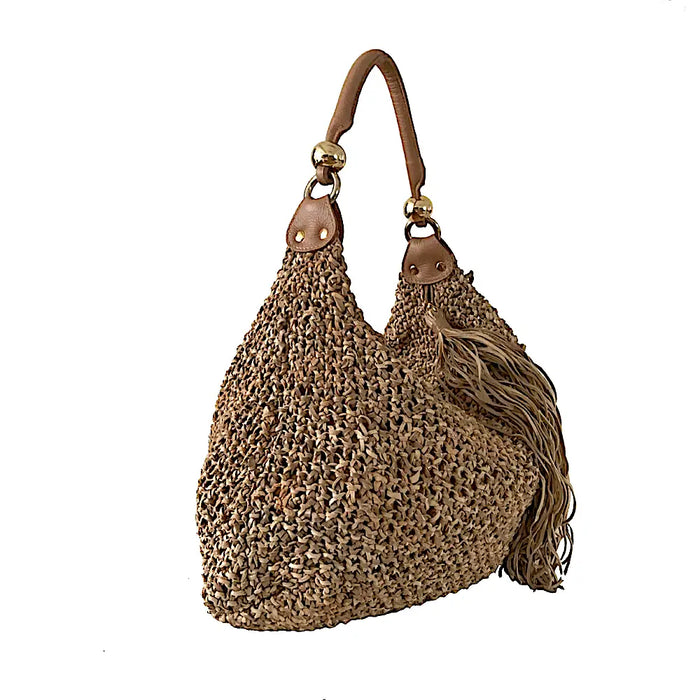 Bolsa Hobo Tricô Couro Metal Dourado Bege - Acessorio