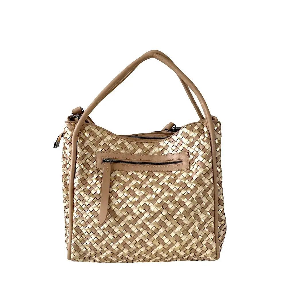 Bolsa Tote Tressê Couro Bege com Dourado - Acessorio