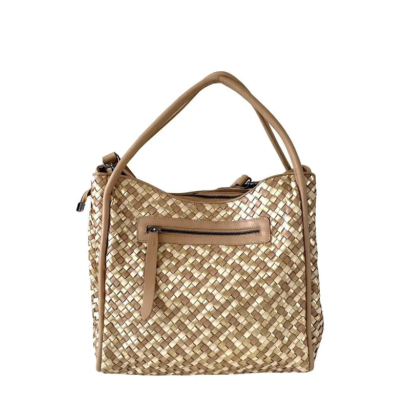 Bolsa Tote Tressê Couro Bege com Dourado - Acessorio