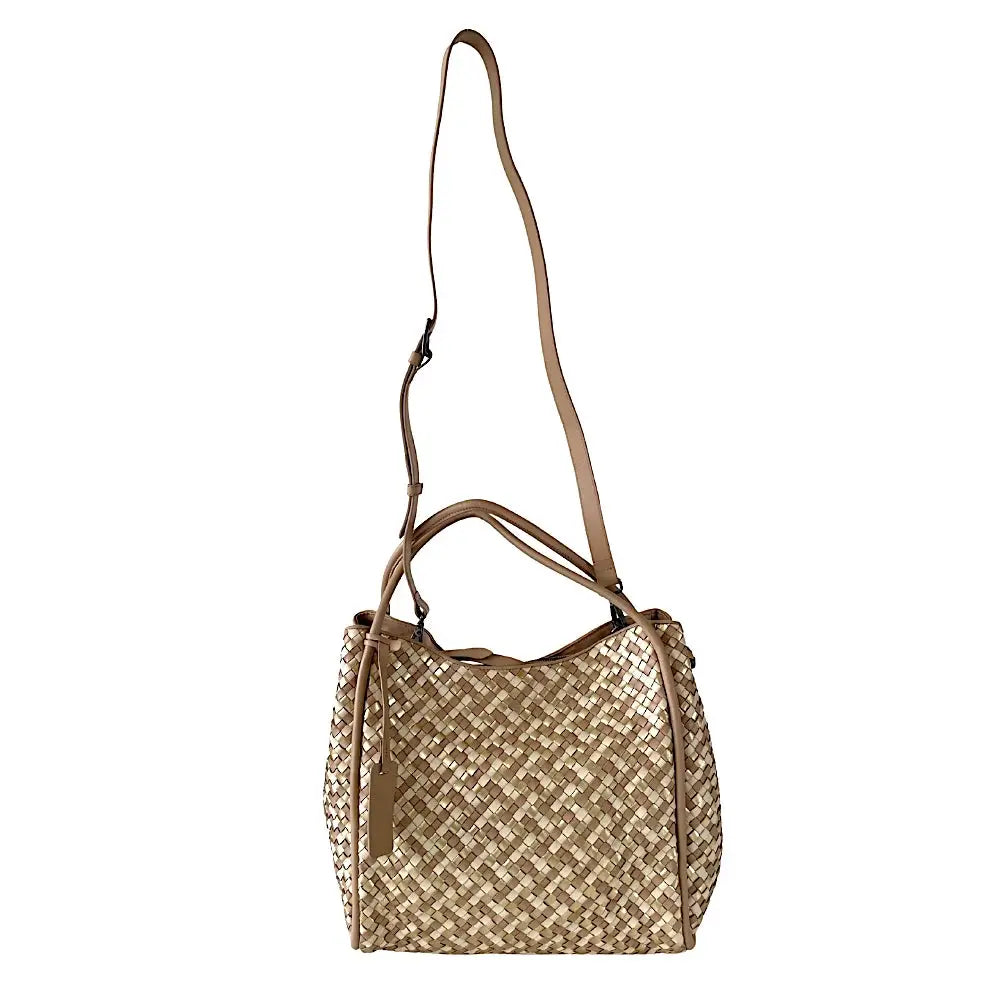 Bolsa Tote Tressê Couro Bege com Dourado - Acessorio